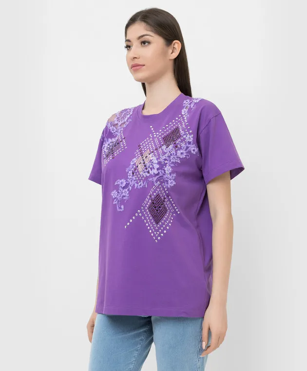 ERMANNO SCERVINO PURPLE TSHIRT WITH CRYSTALS AND LACE